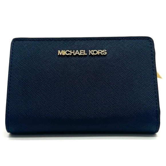 Michael Kors Medium Bifold Zip Chain Wallet Navy Blue - Picture 1 of 8